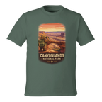 Green t-shirt with Canyonlands National Park graphic on a white background