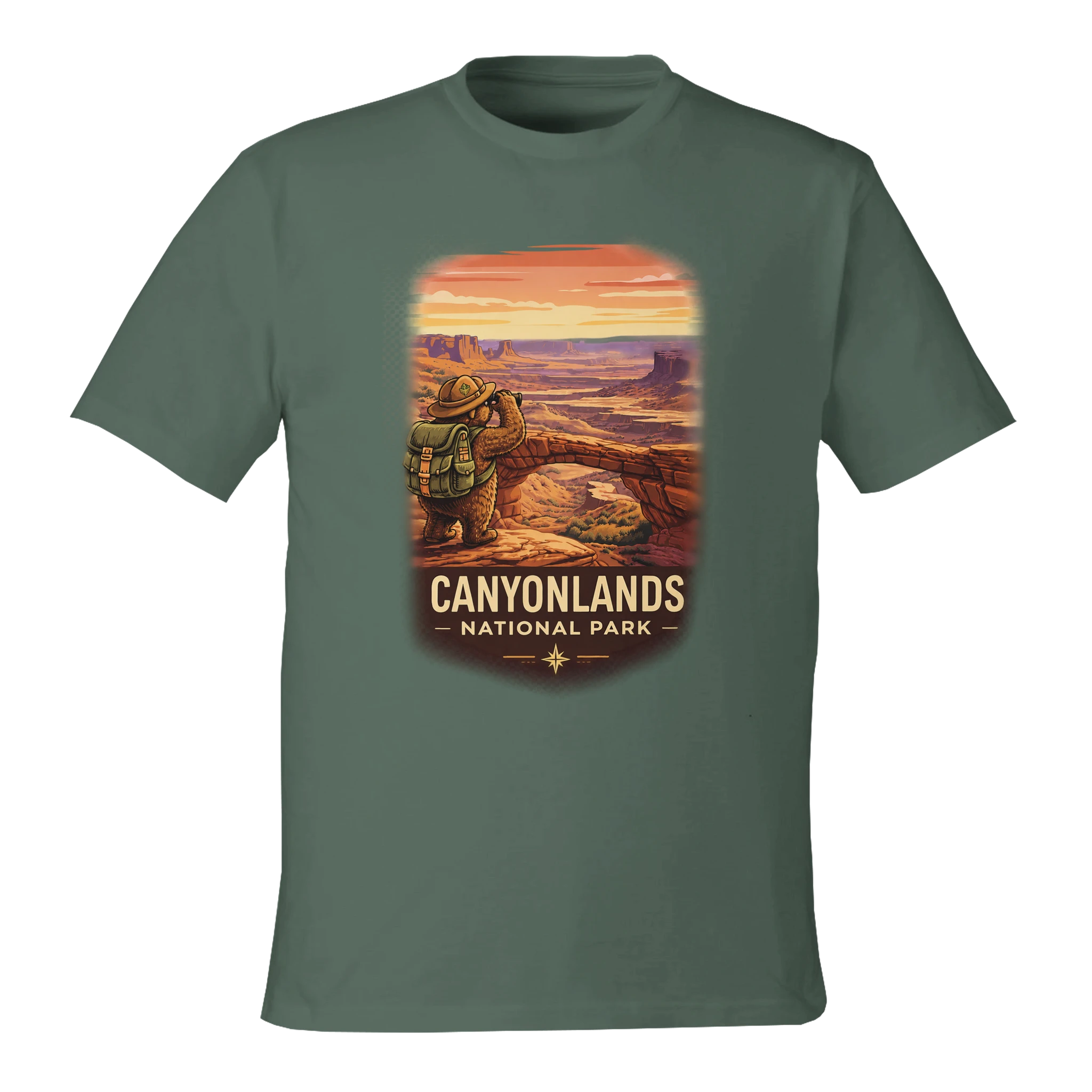 Green t-shirt with Canyonlands National Park graphic on a white background