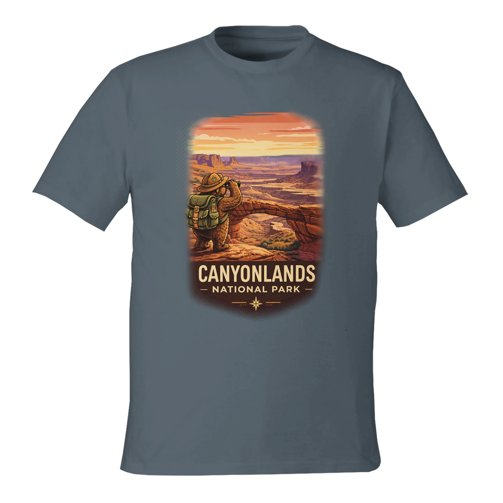 Gray t-shirt with Canyonlands National Park graphic on a white background