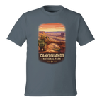 Gray t-shirt with Canyonlands National Park graphic on a white background