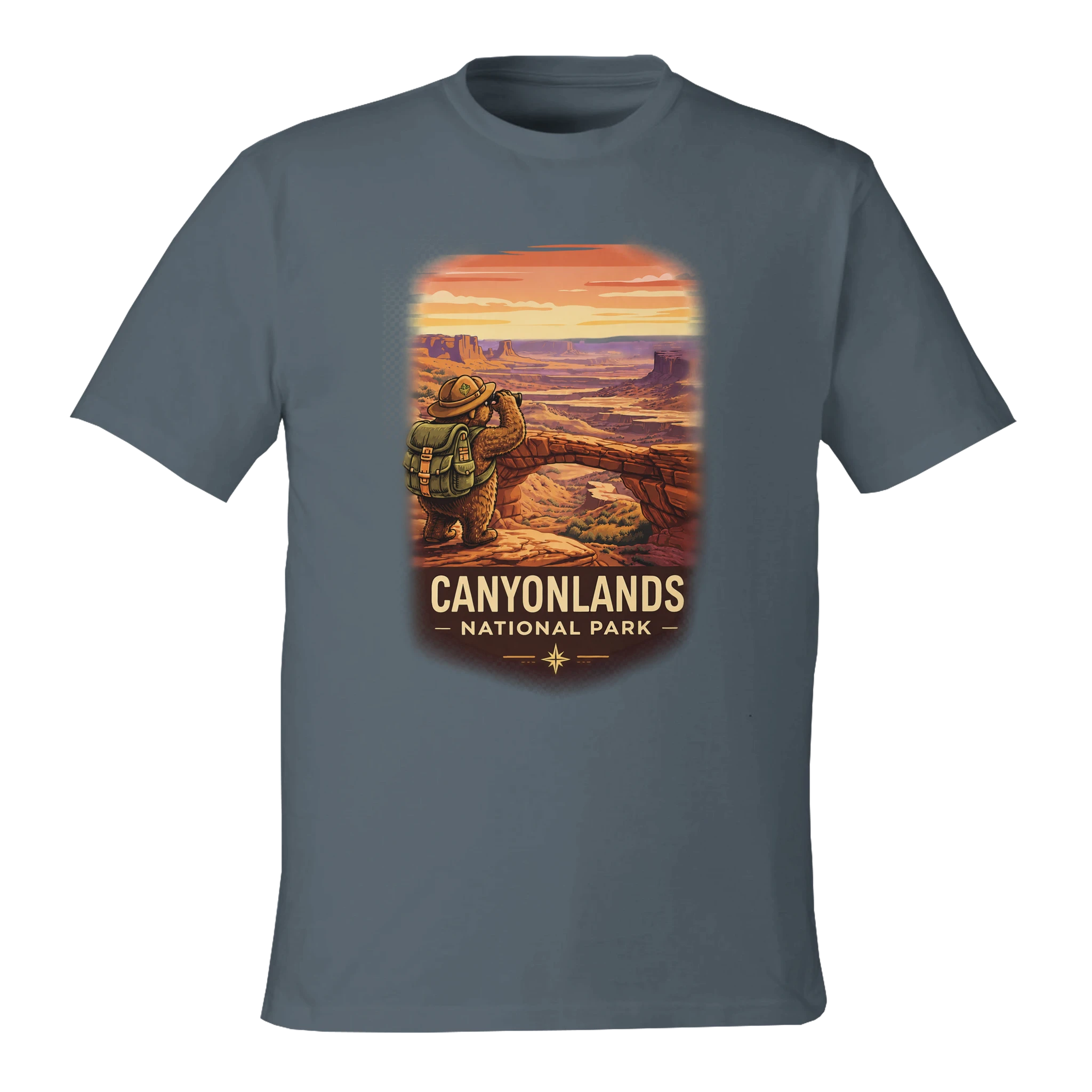 Gray t-shirt with Canyonlands National Park graphic on a white background