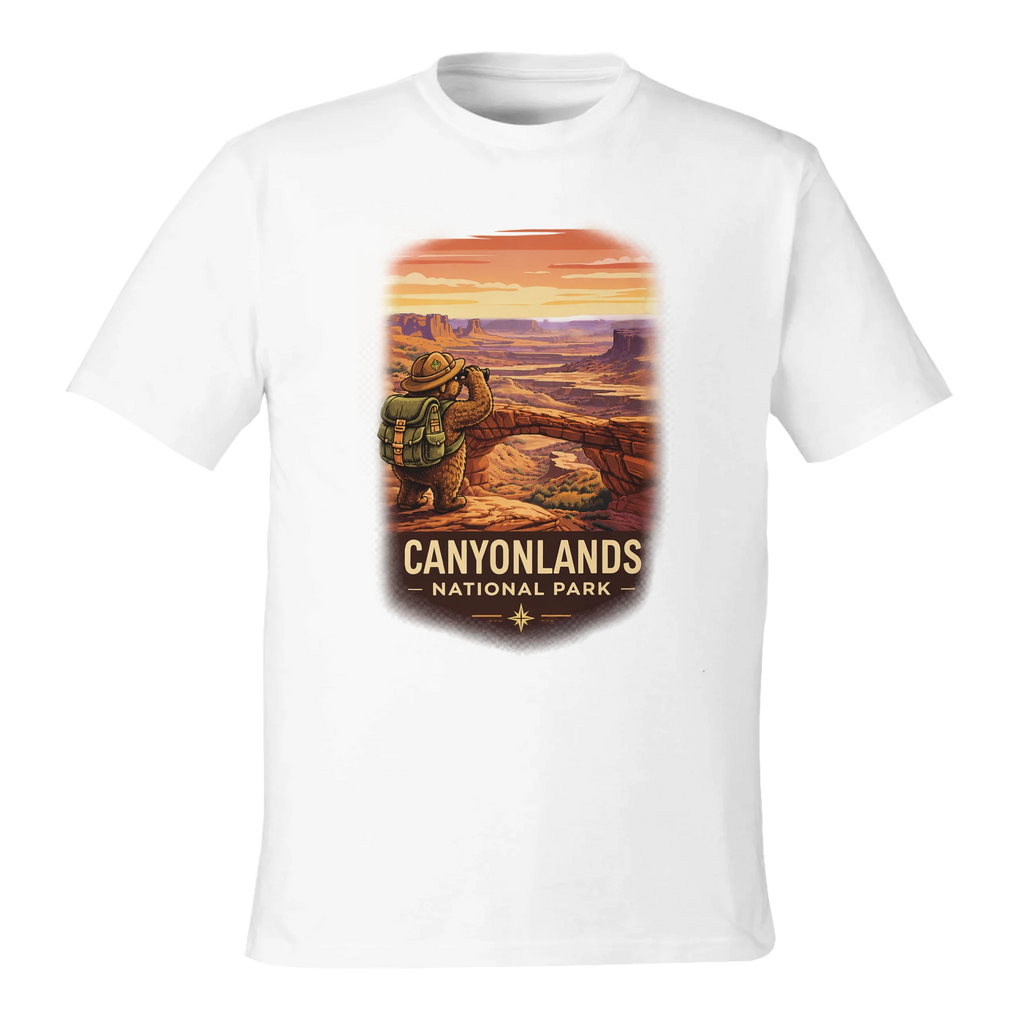 White t-shirt with Canyonlands National Park graphic on a white background