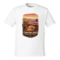 White t-shirt with Canyonlands National Park graphic on a white background