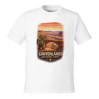 White t-shirt with Canyonlands National Park graphic on a white background
