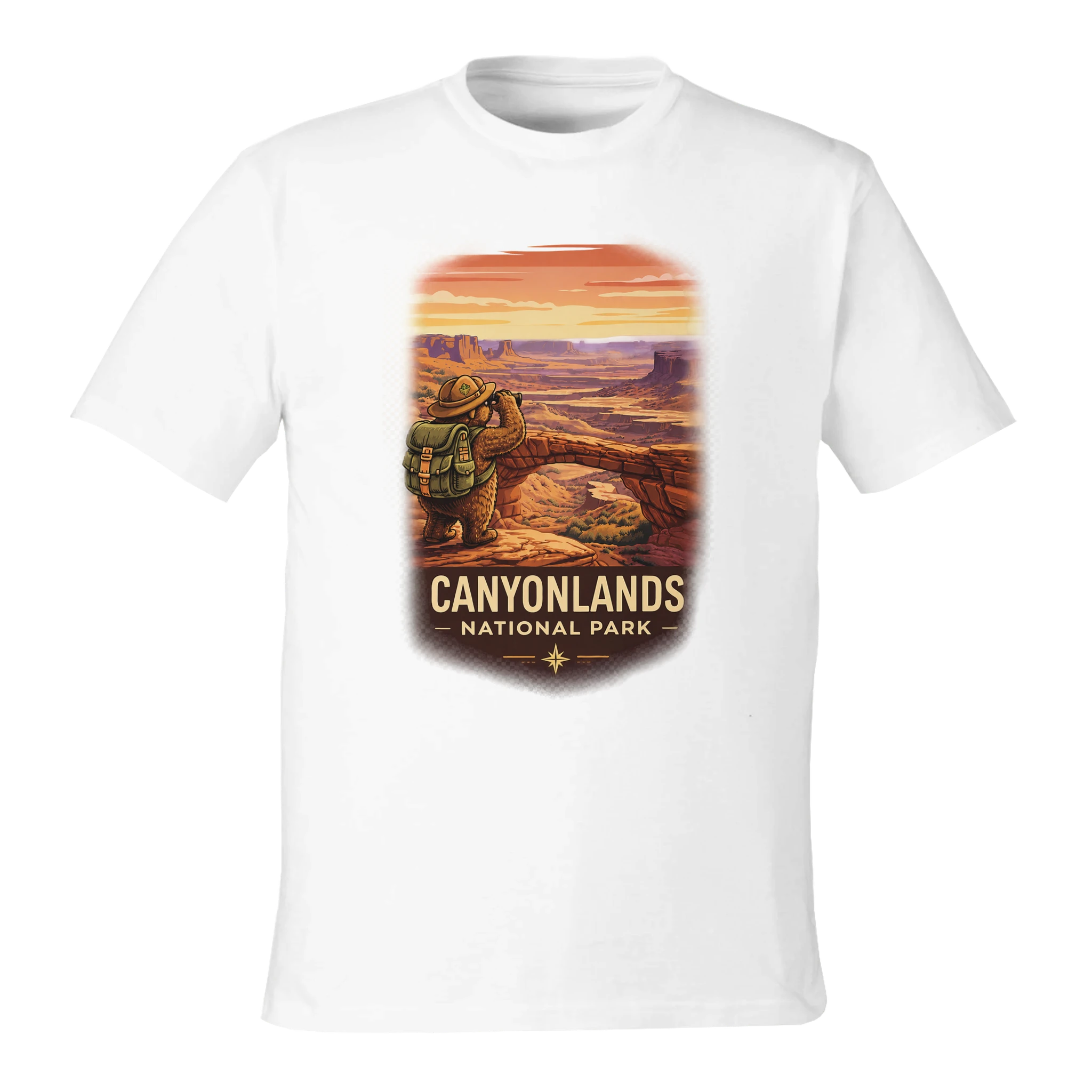 White t-shirt with Canyonlands National Park graphic on a white background