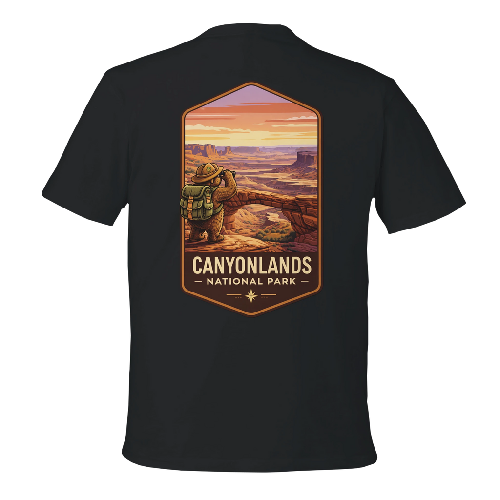 Black t-shirt with Canyonlands National Park graphic on a white background