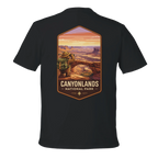 Black t-shirt with Canyonlands National Park graphic on a white background