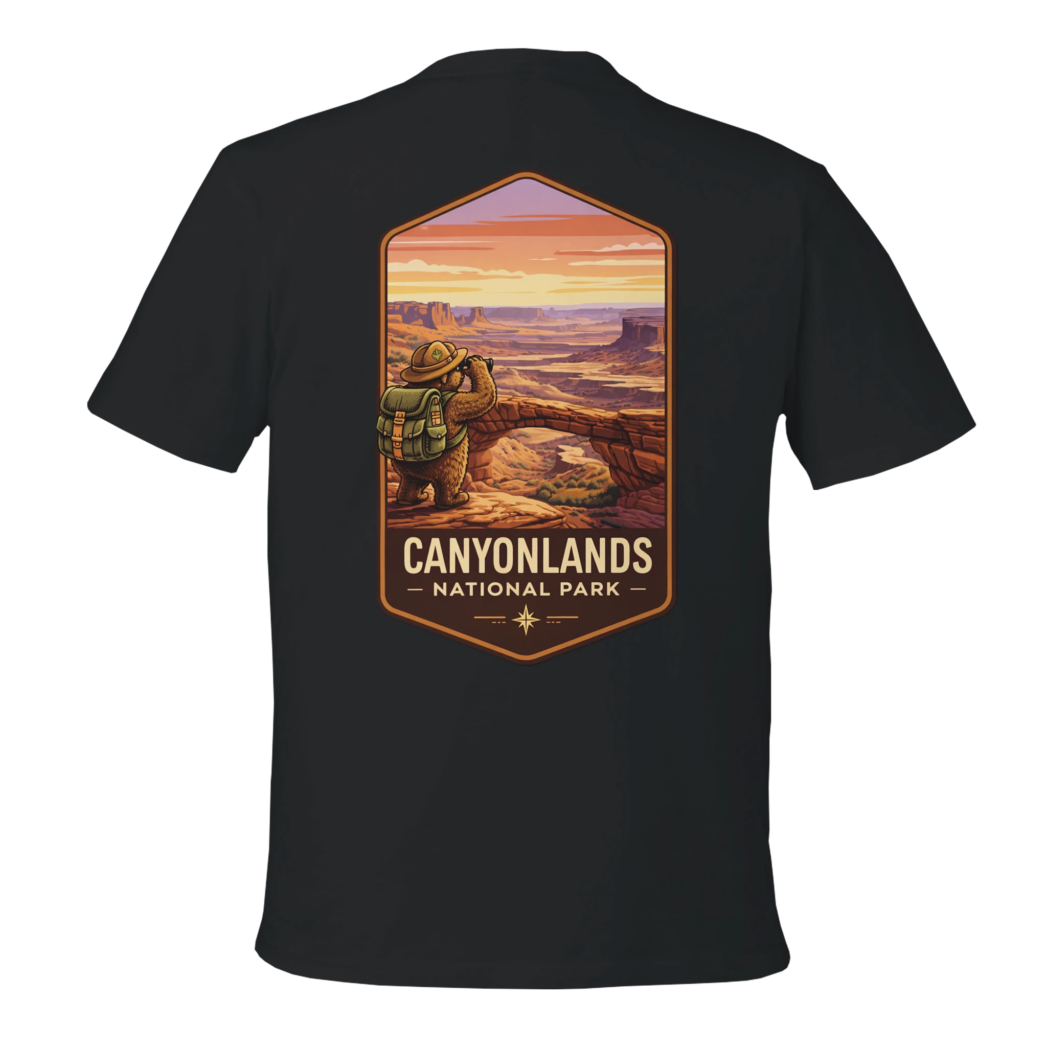 Black t-shirt with Canyonlands National Park graphic on a white background