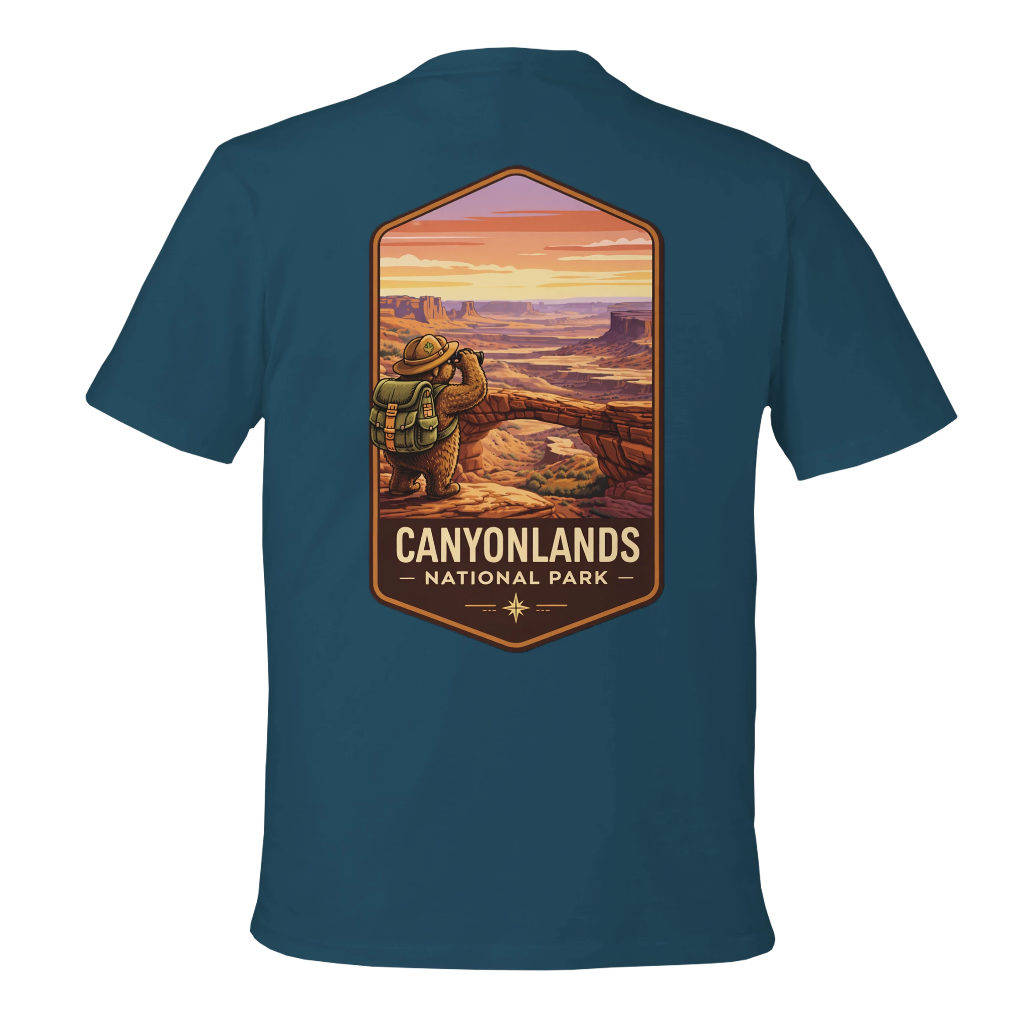 Teal t-shirt with Canyonlands National Park graphic on a white background
