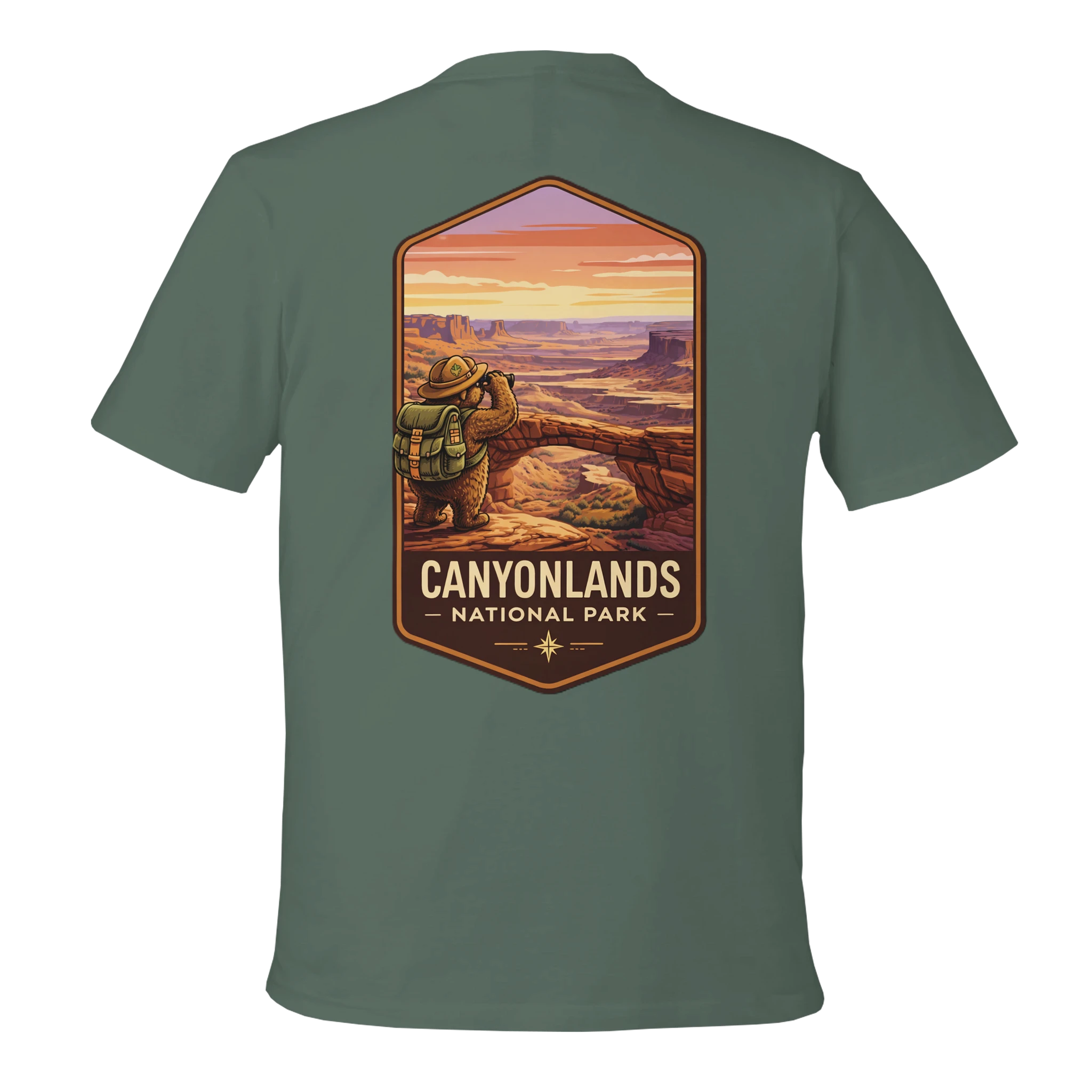 Green t-shirt with Canyonlands National Park graphic on a white background