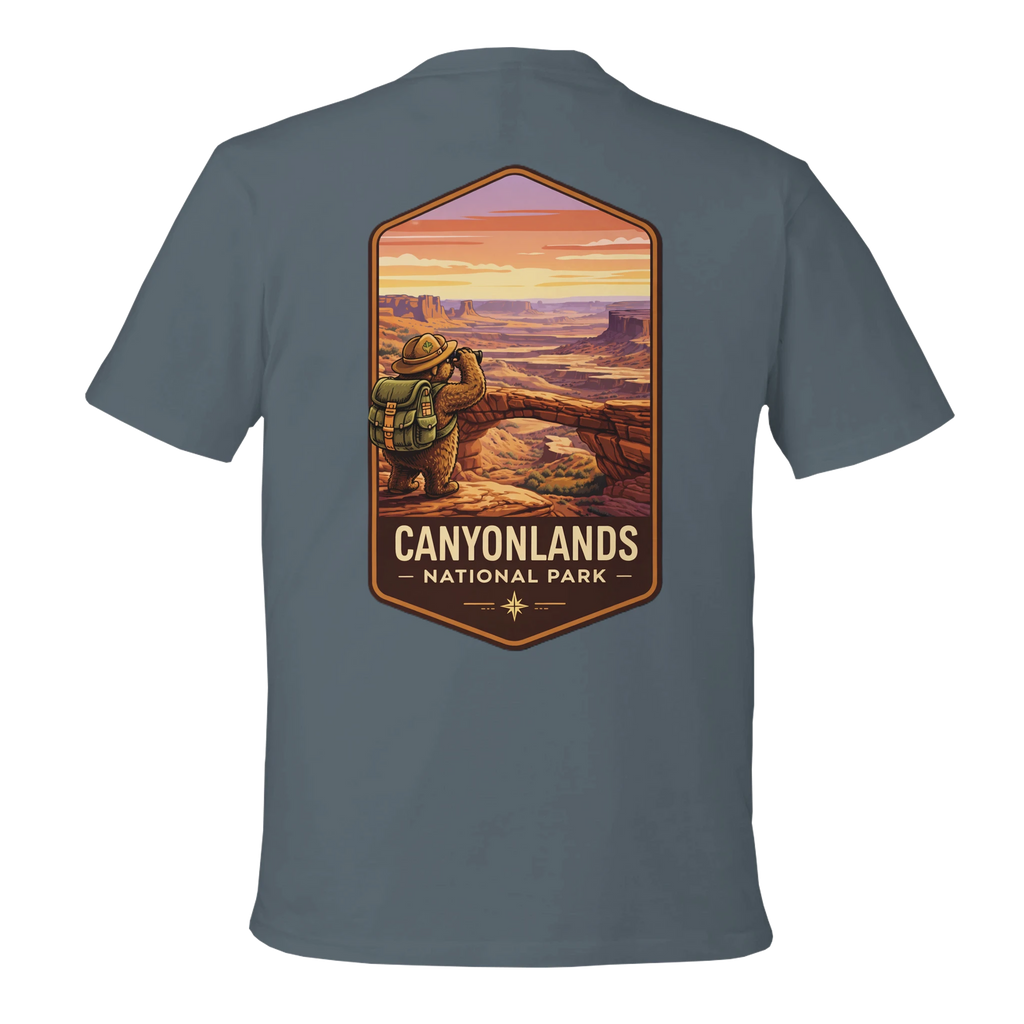Gray t-shirt with Canyonlands National Park graphic on the back