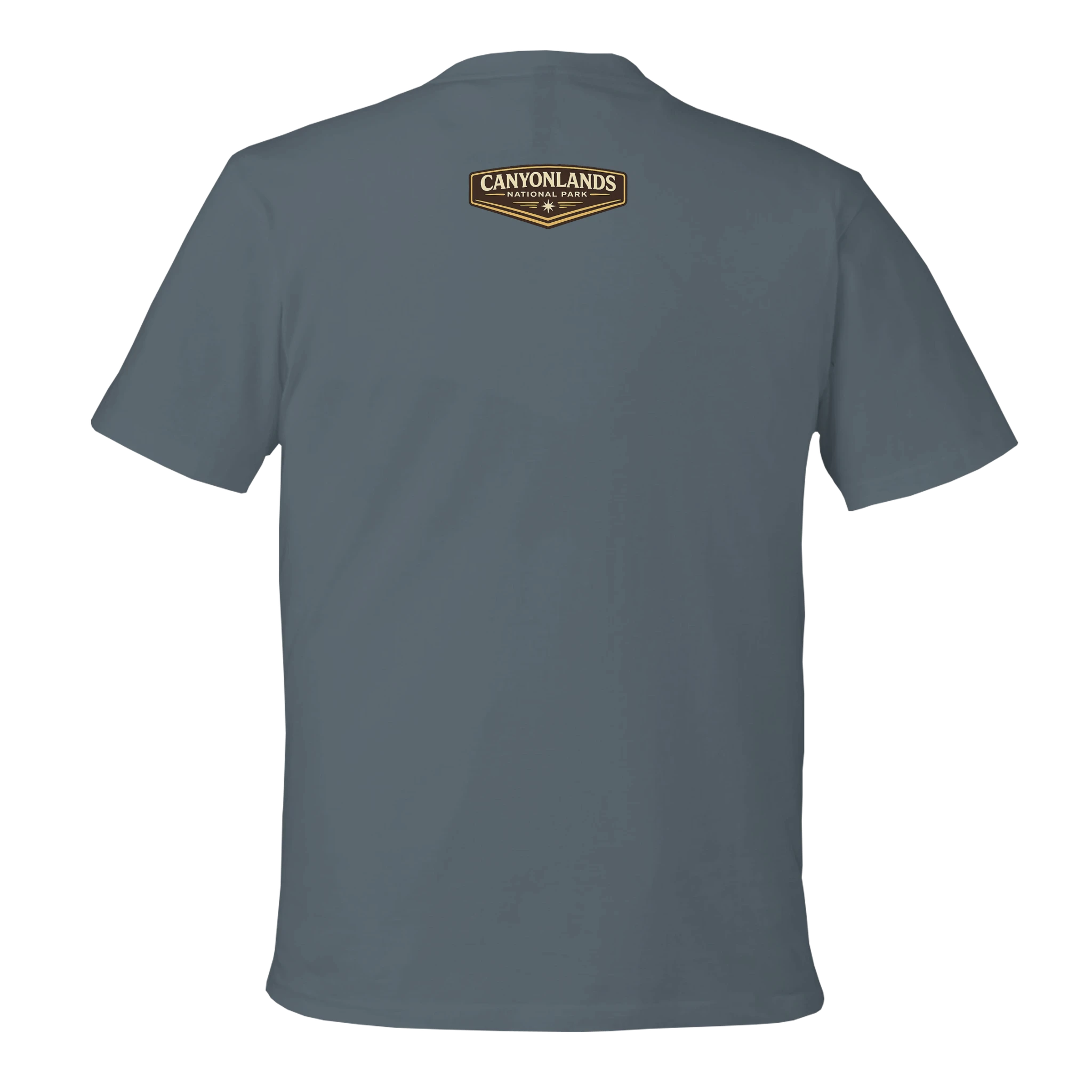 Gray t-shirt with 'Canyonlands' logo on the back against a white background