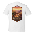 White t-shirt with Canyonlands National Park graphic on a white background