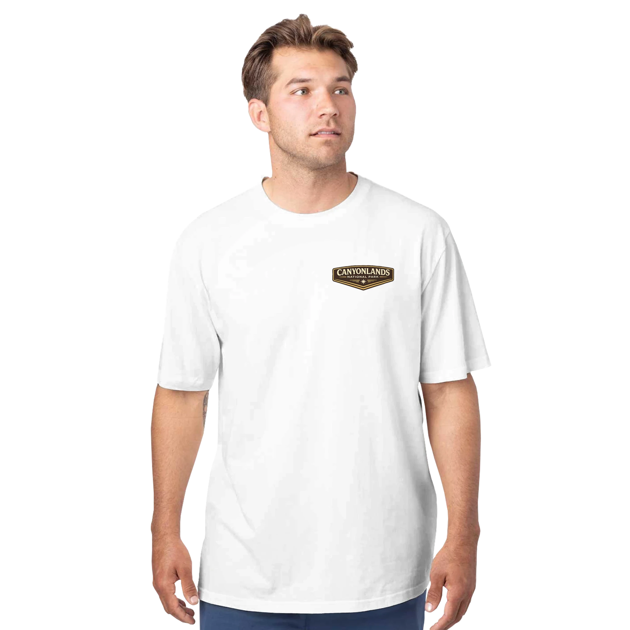Man wearing a white t-shirt with a logo on a white background