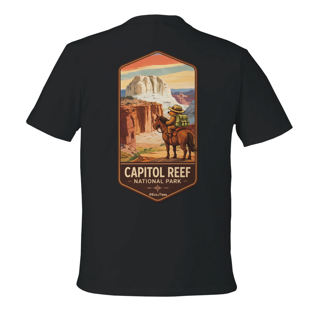 Black t-shirt with Capitol Reef National Park graphic on a white background
