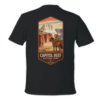 Black t-shirt with Capitol Reef National Park graphic on a white background