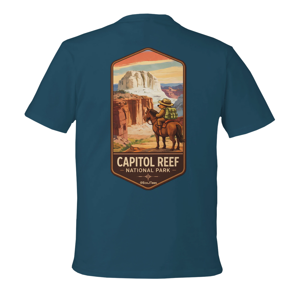 Blue t-shirt with Capitol Reef National Park graphic on a white background