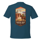 Blue t-shirt with Capitol Reef National Park graphic on a white background