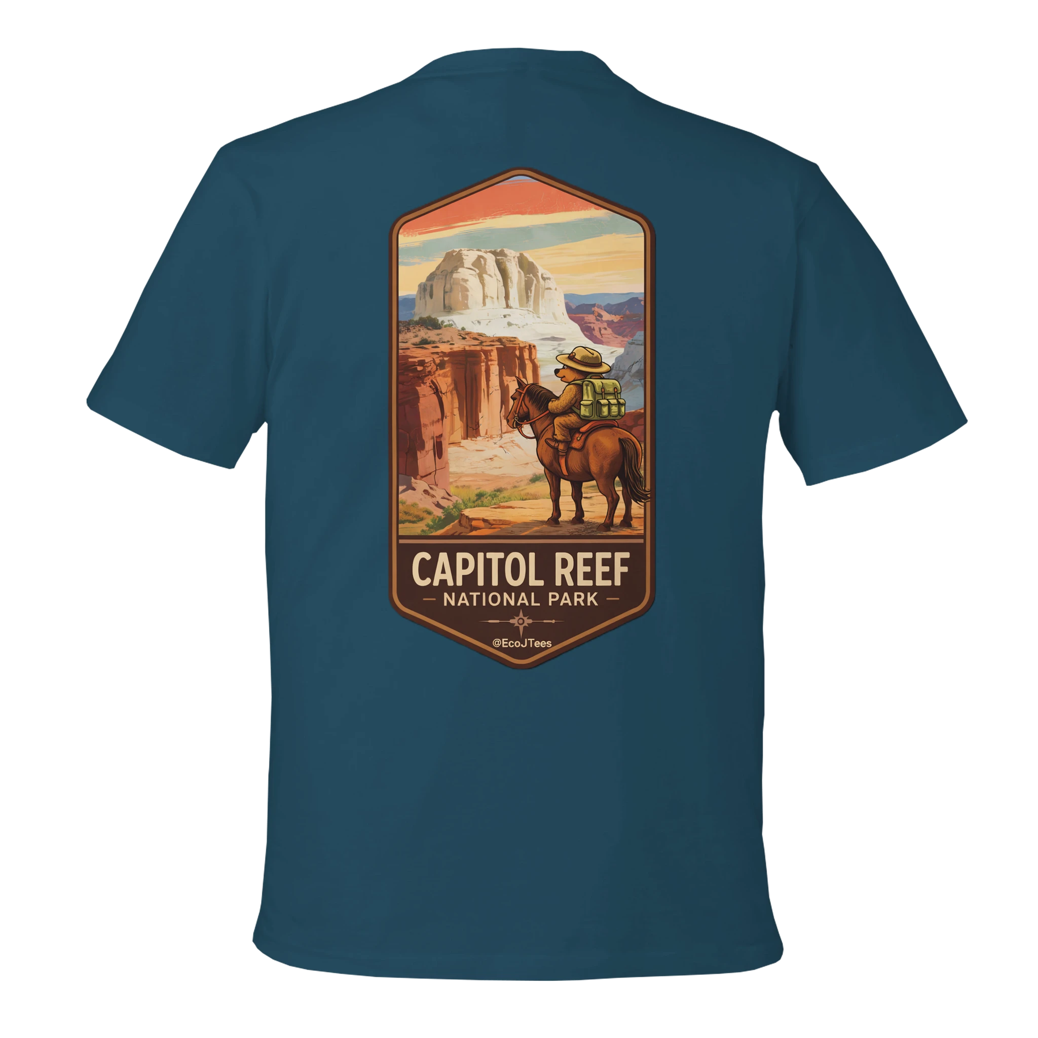 Blue t-shirt with Capitol Reef National Park graphic on a white background