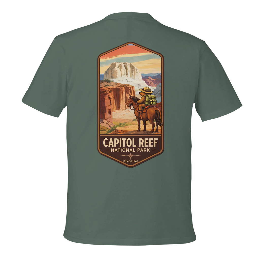 Green t-shirt with Capitol Reef National Park graphic on a white background