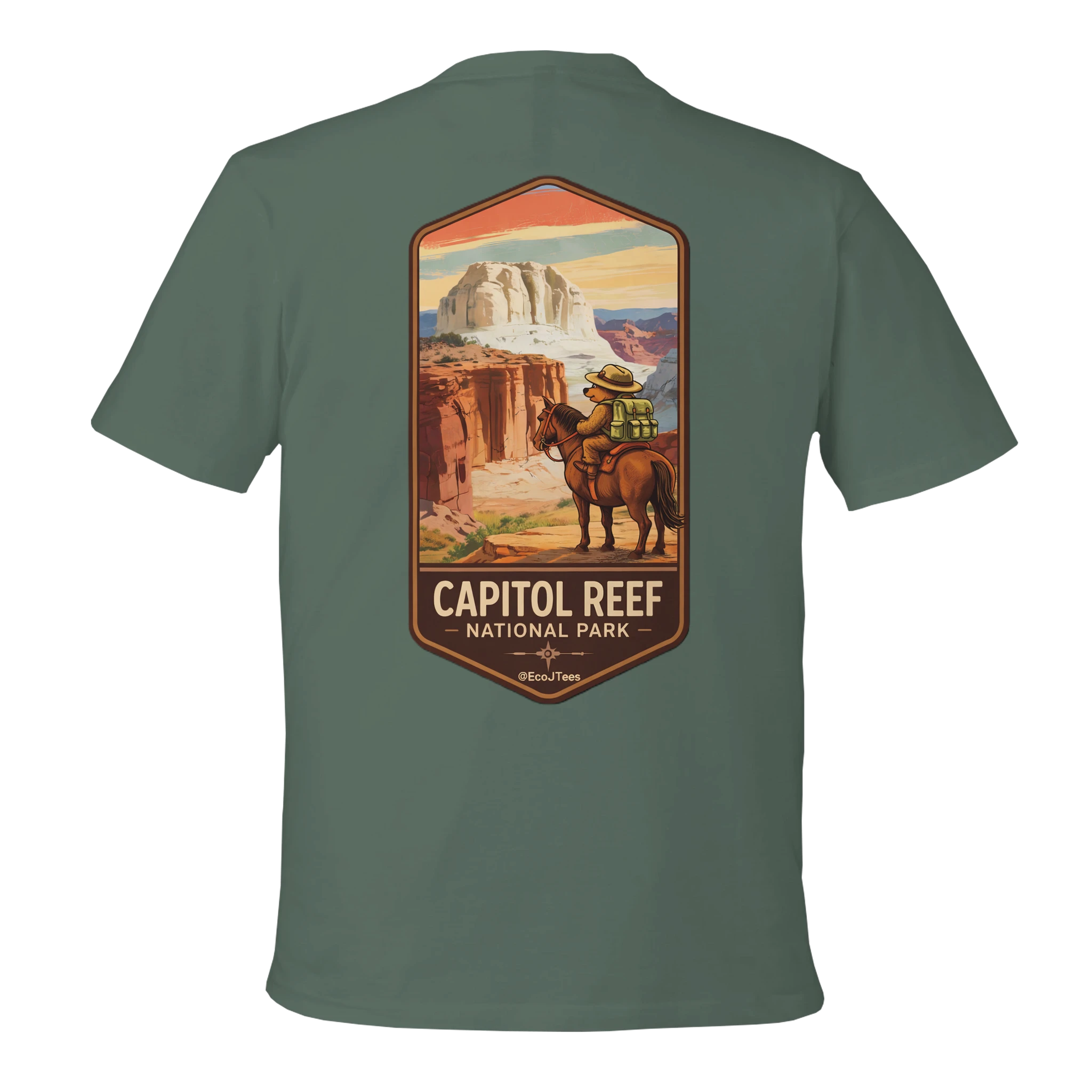 Green t-shirt with Capitol Reef National Park graphic on a white background