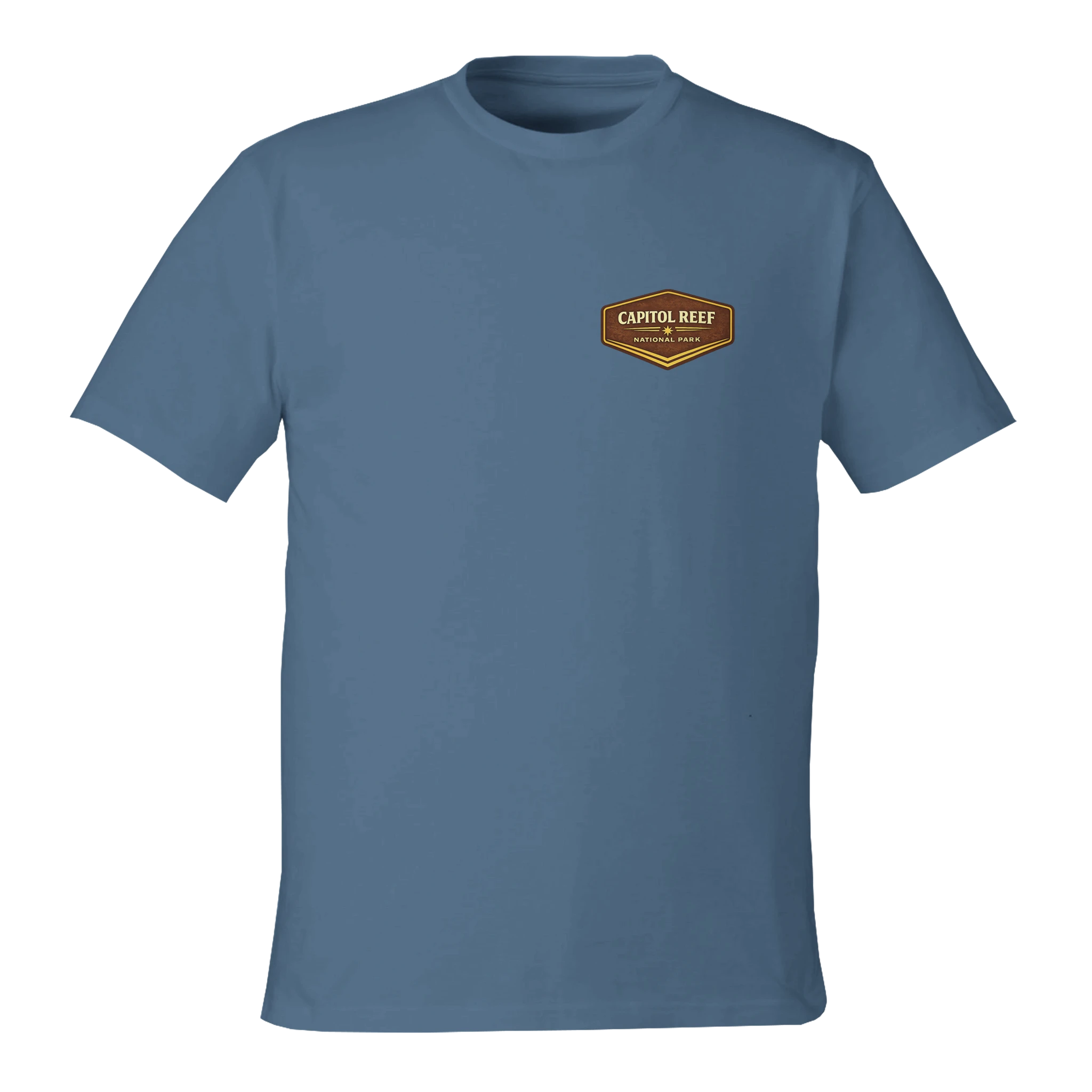 Blue t-shirt with a Capitol Reef National Park logo on a white background