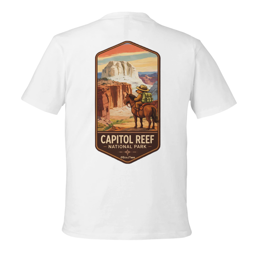White t-shirt with Capitol Reef National Park graphic on a white background