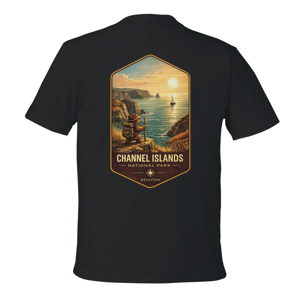 Black t-shirt with a scenic design of Channel Islands National Park on the back.