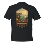 Black t-shirt with a scenic design of Channel Islands National Park on the back.