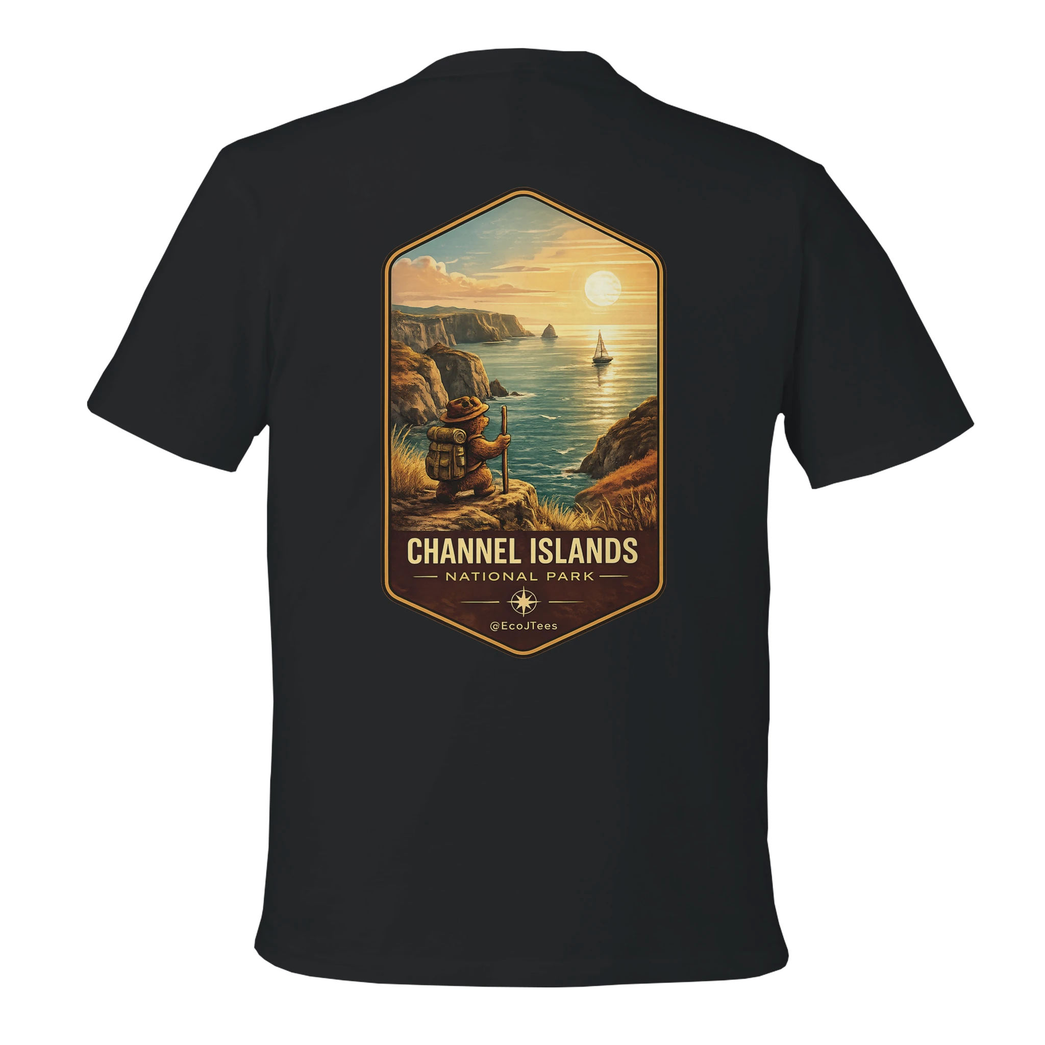 Black t-shirt with a scenic design of Channel Islands National Park on the back.