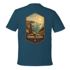Blue t-shirt with a scenic design of the Channel Islands National Park on the back.