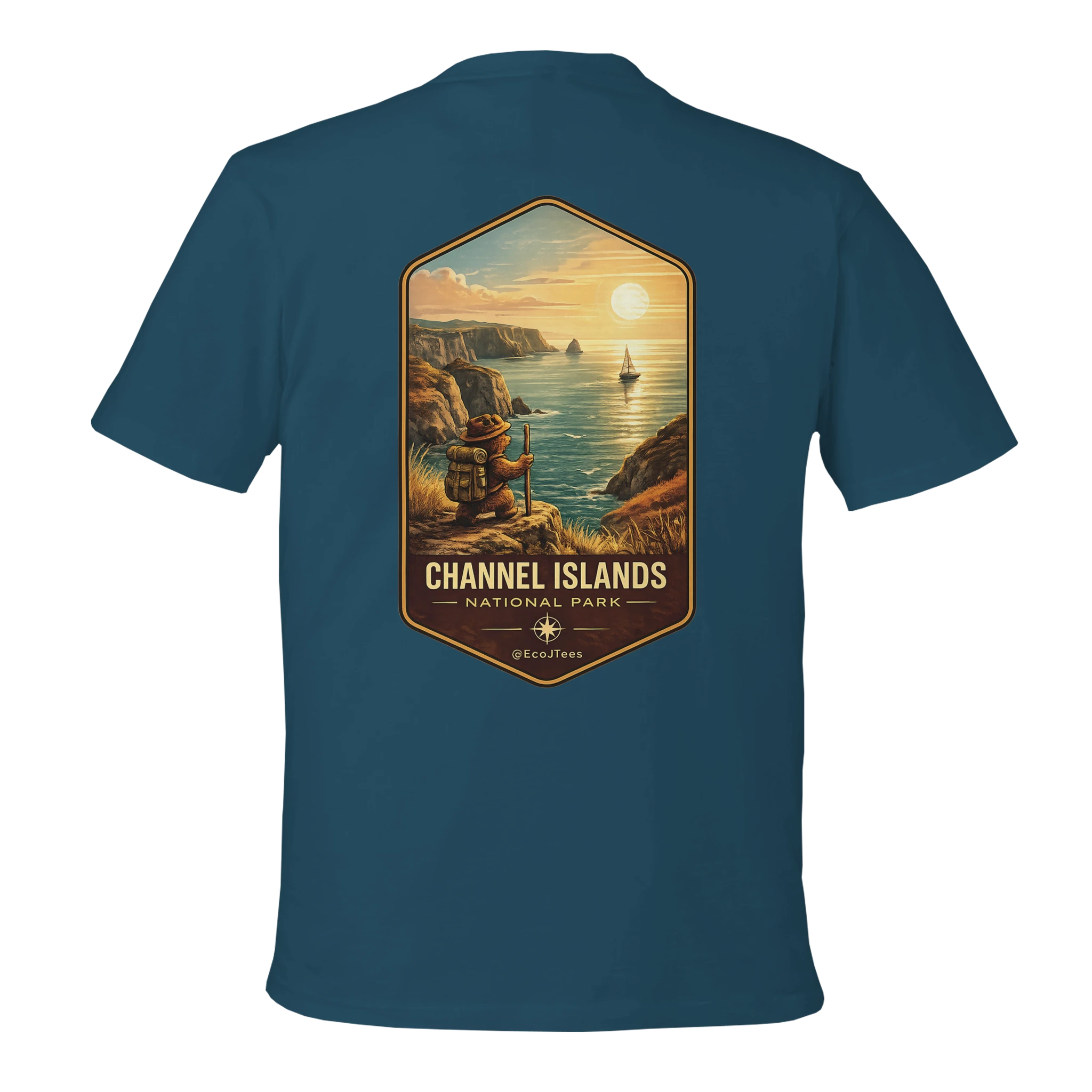 Blue t-shirt with a scenic design of the Channel Islands National Park on the back.