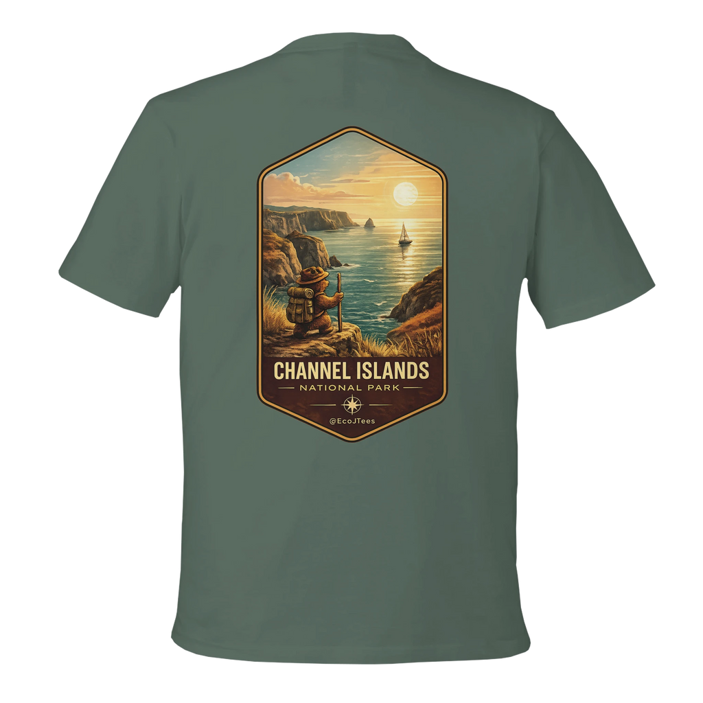 Green t-shirt with a 'Channel Islands National Park' graphic on the back