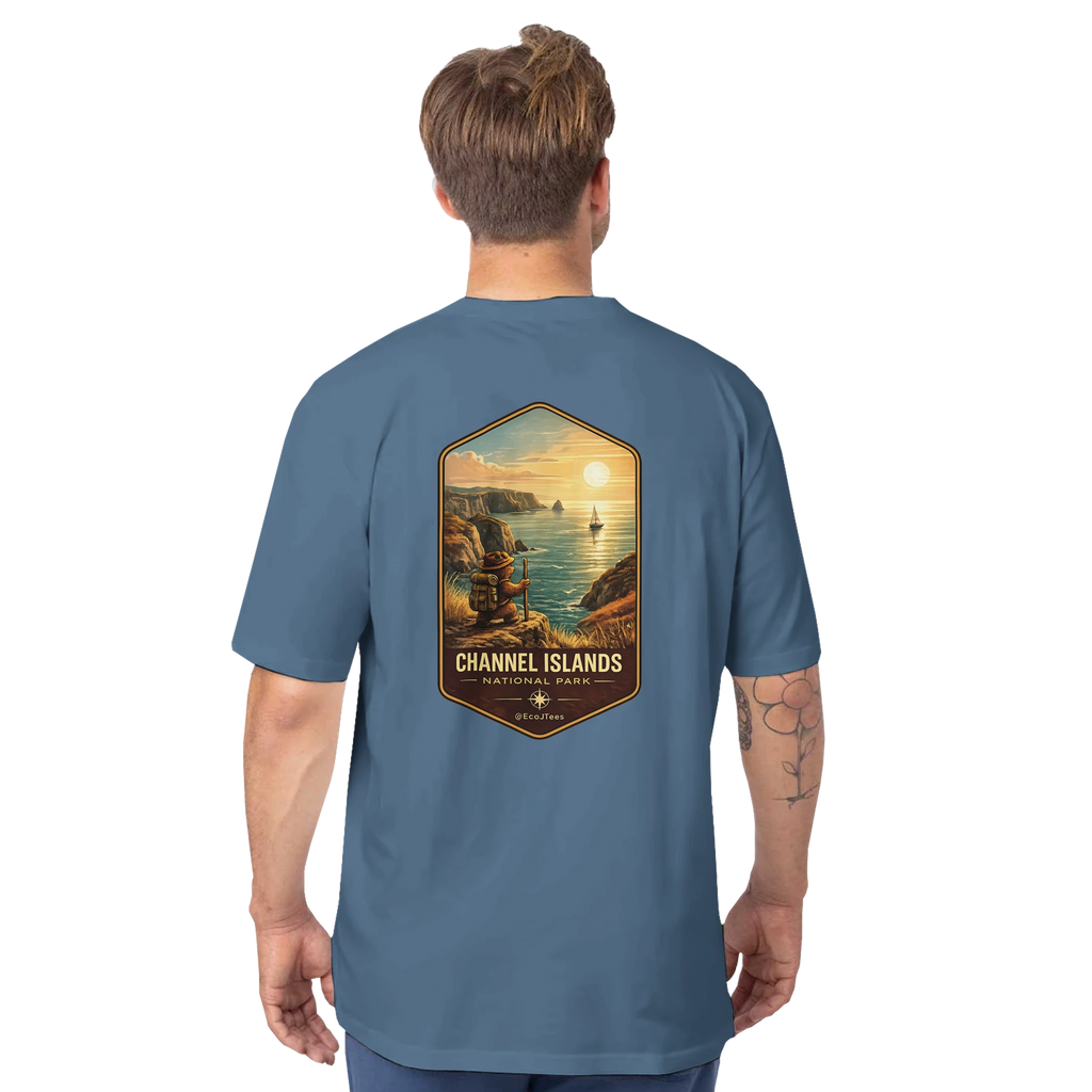 Person wearing a Lt Blue Channel Islands eco tee