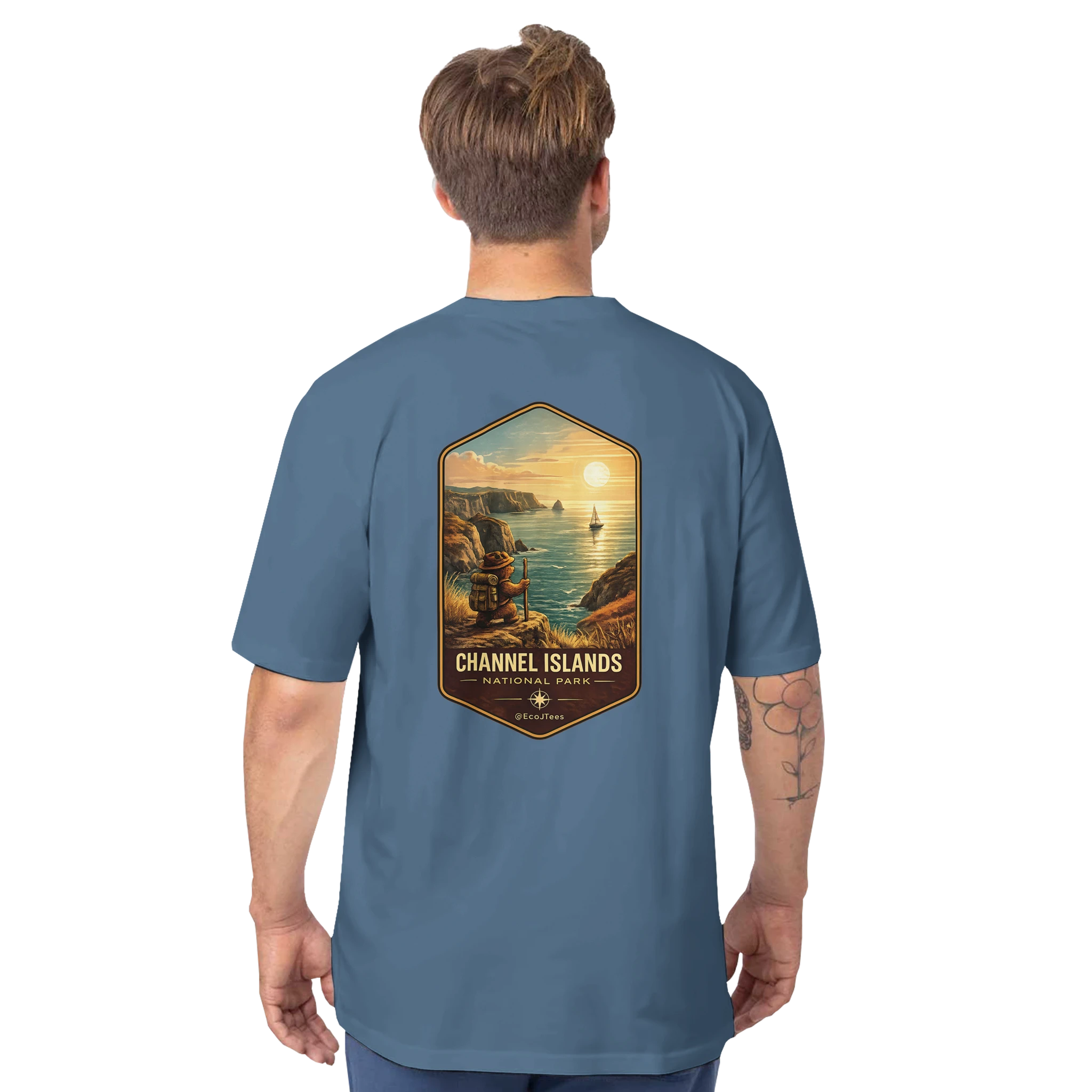 Person wearing a Lt Blue Channel Islands eco tee