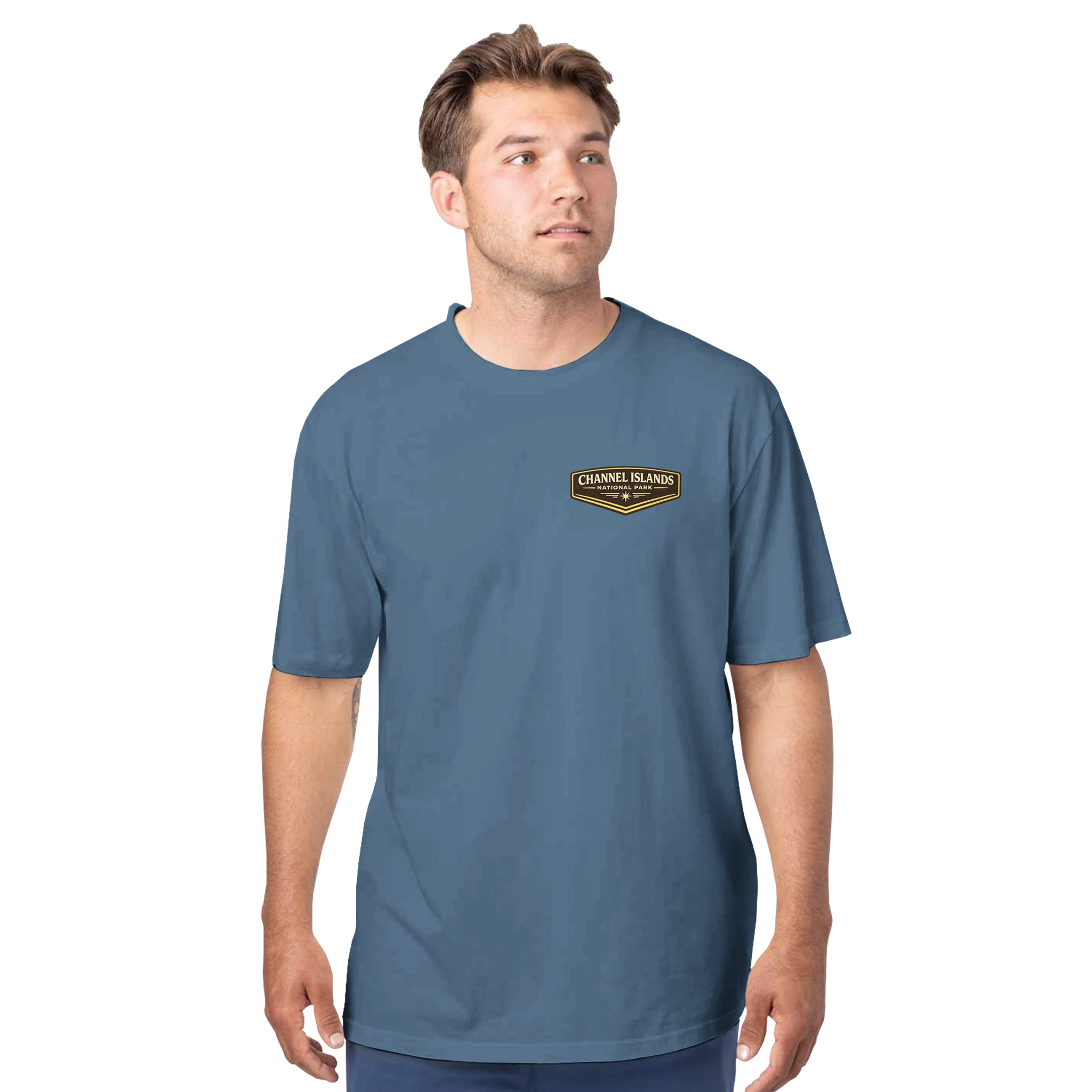 Lt Blue eco tee with Channel Islands National Park logo on front