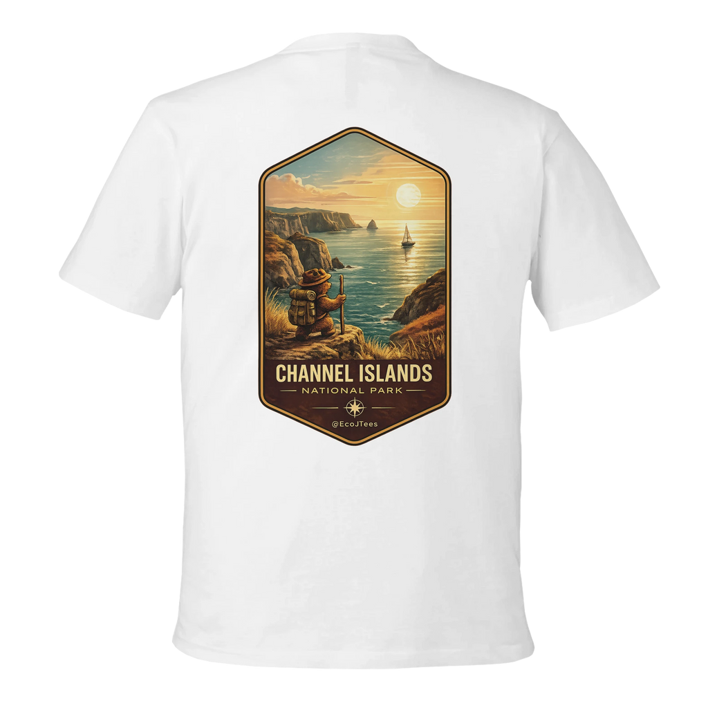 White t-shirt with a scenic design of Channel Islands National Park on a white background