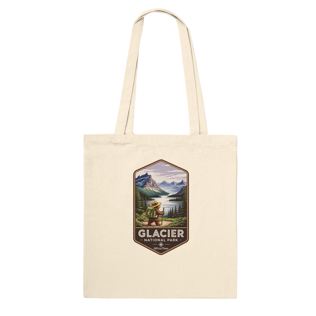 Beige tote bag with Glacier National Park design on a white background