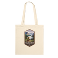 Beige tote bag with Glacier National Park design on a white background