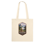 Beige tote bag with Glacier National Park design on a white background
