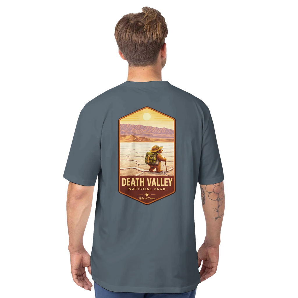 Person wearing a Grey Death Valley eco t-shirt