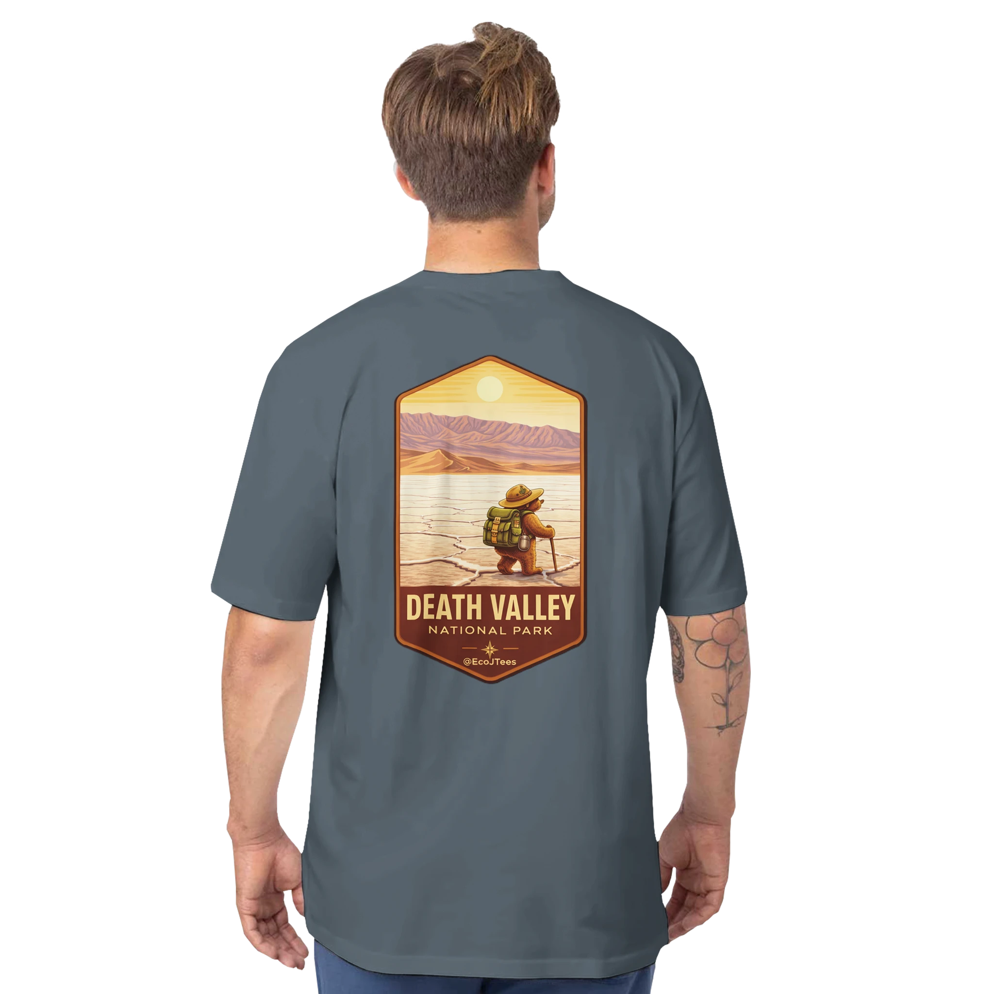 Person wearing a Grey Death Valley eco t-shirt