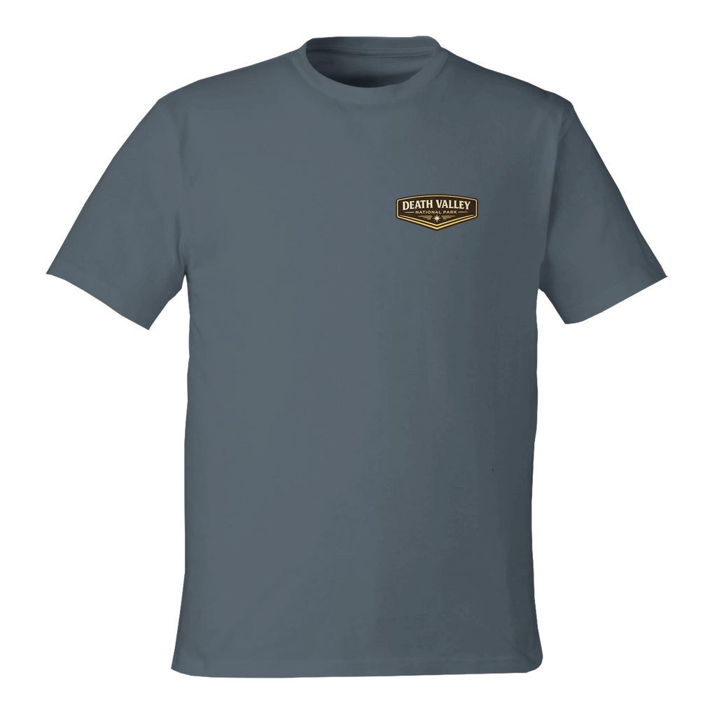 Gray t-shirt with a logo on the chest against a white background