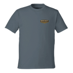 Gray t-shirt with a logo on the chest against a white background