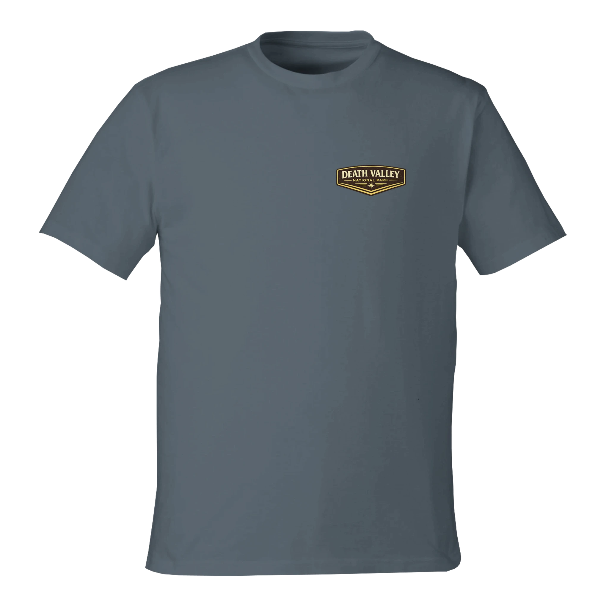 Gray t-shirt with a logo on the chest against a white background