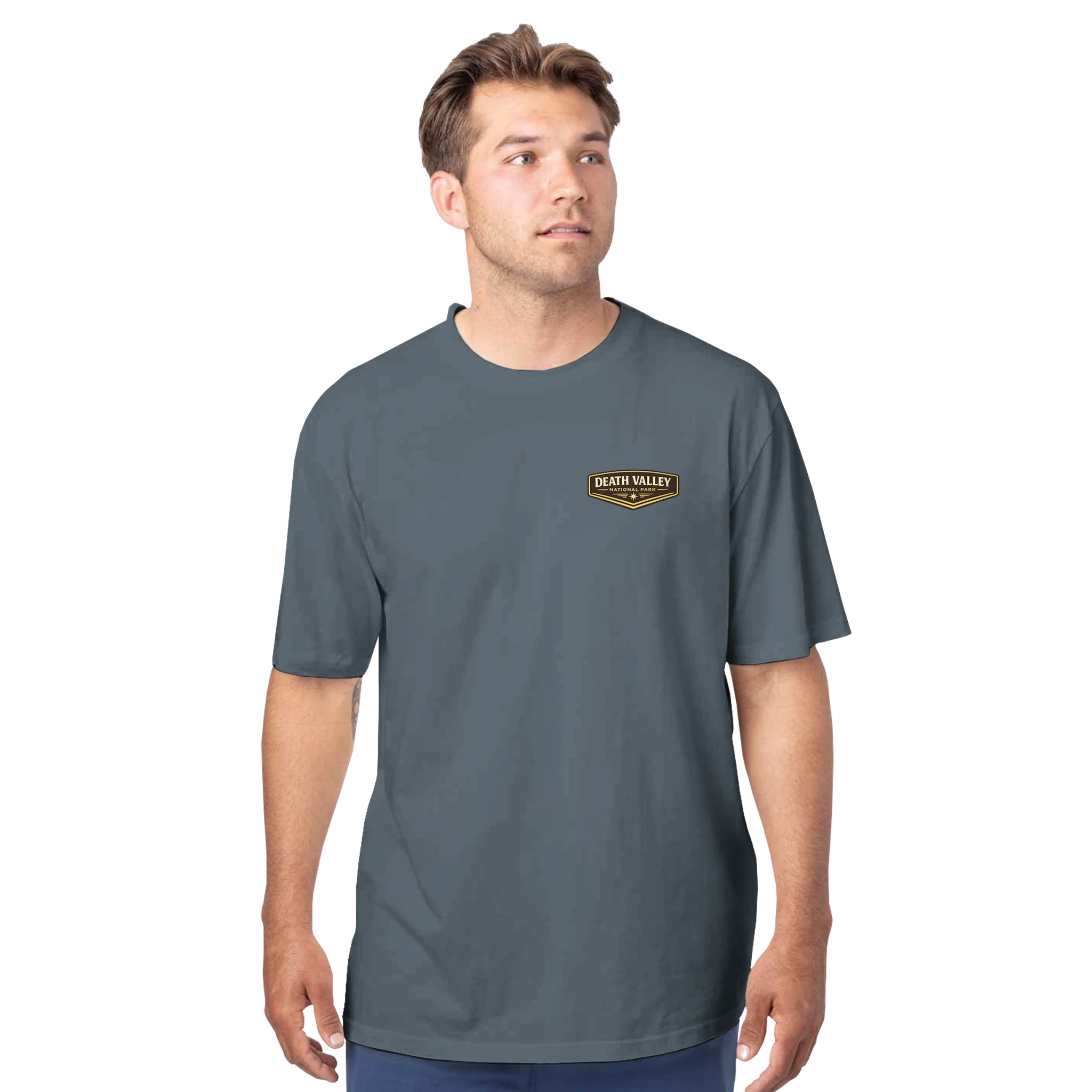 Man wearing a gray t-shirt with a Death Valley National Park logo on a white background