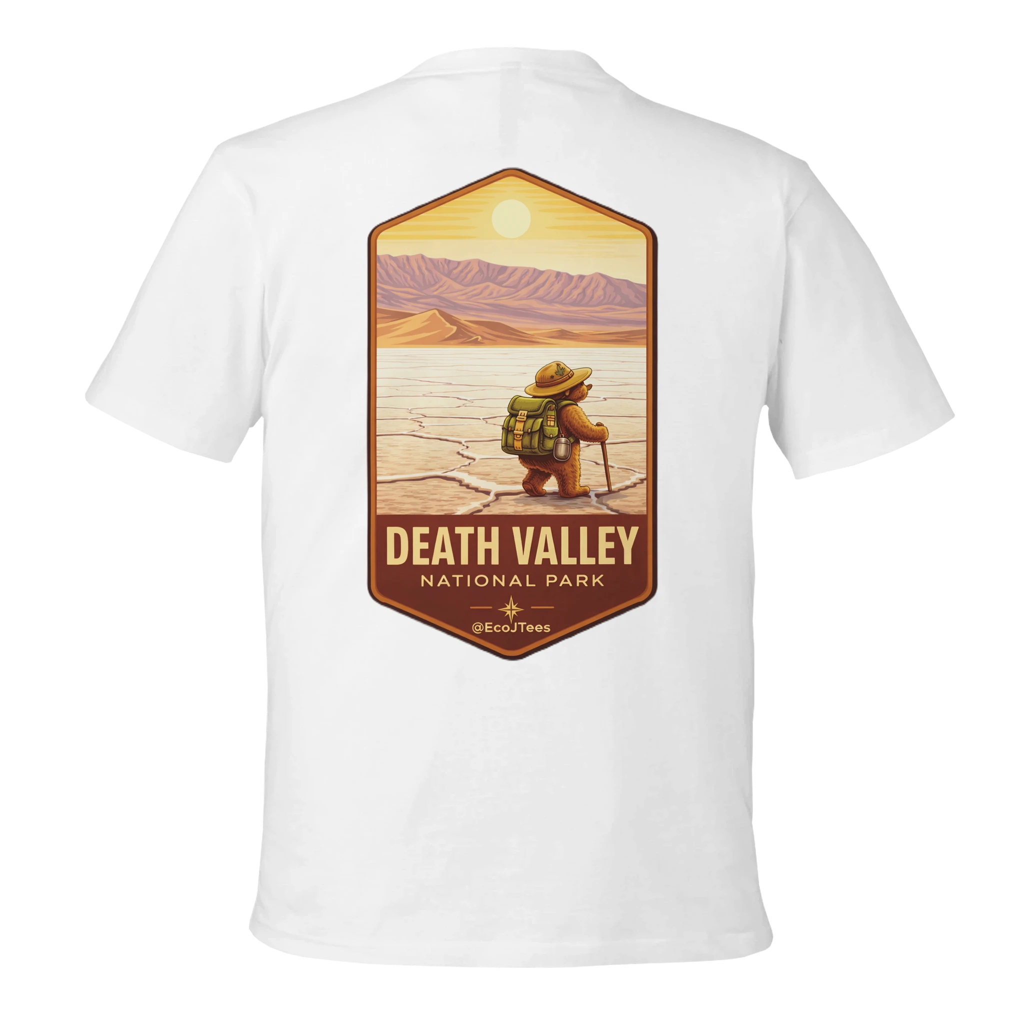 White t-shirt with a graphic of a person in a hat and backpack in Death Valley National Park on a white background
