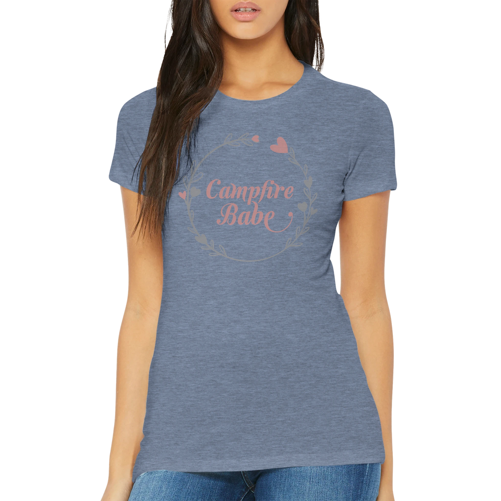 Denim Blue t-shirt with 'Campfire Babe' text worn by a woman on a white background