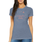 Denim Blue t-shirt with 'Campfire Babe' text worn by a woman on a white background