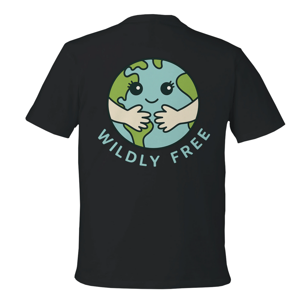 Black Earth Hug t-shirt with a graphic of a smiling Earth and 'Wildly Free' text on the back.